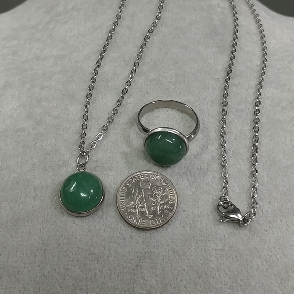 Aventurine Necklace & Ring Set Natural Gemstone Adjustable Stainless-Steel Ring - Picture 10 of 11